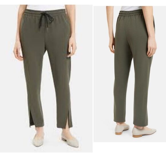 THEORY Spruce Green Regent Crepe Slit Pull On Pants-8 - Picture 1 of 10